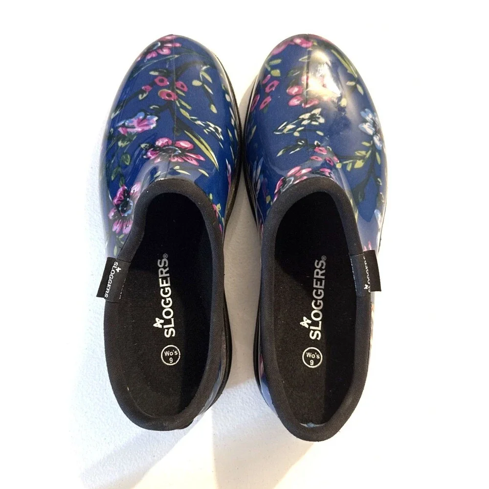 Sloggers Womens Garden Clogs 9 Blue Floral Waterproof Slip‑On Shoes USA Made EUC
